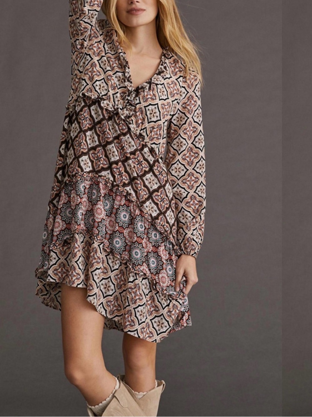 Anthropologie Long Sleeve Tiered Boho Dress Small Patterned Mini Dress